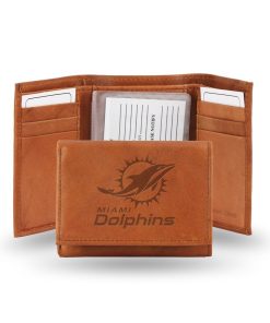 Miami Dolphins Embossed Genuine Leather Trifold Wallet - Pecan Brown